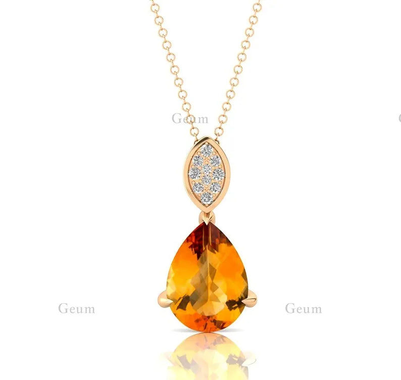 100% Natural Citrine Gemstone Cute Design Tear Drop Pendants Solid Gold Rhodium Plated Prong Set Wholesale Diamond Necklace