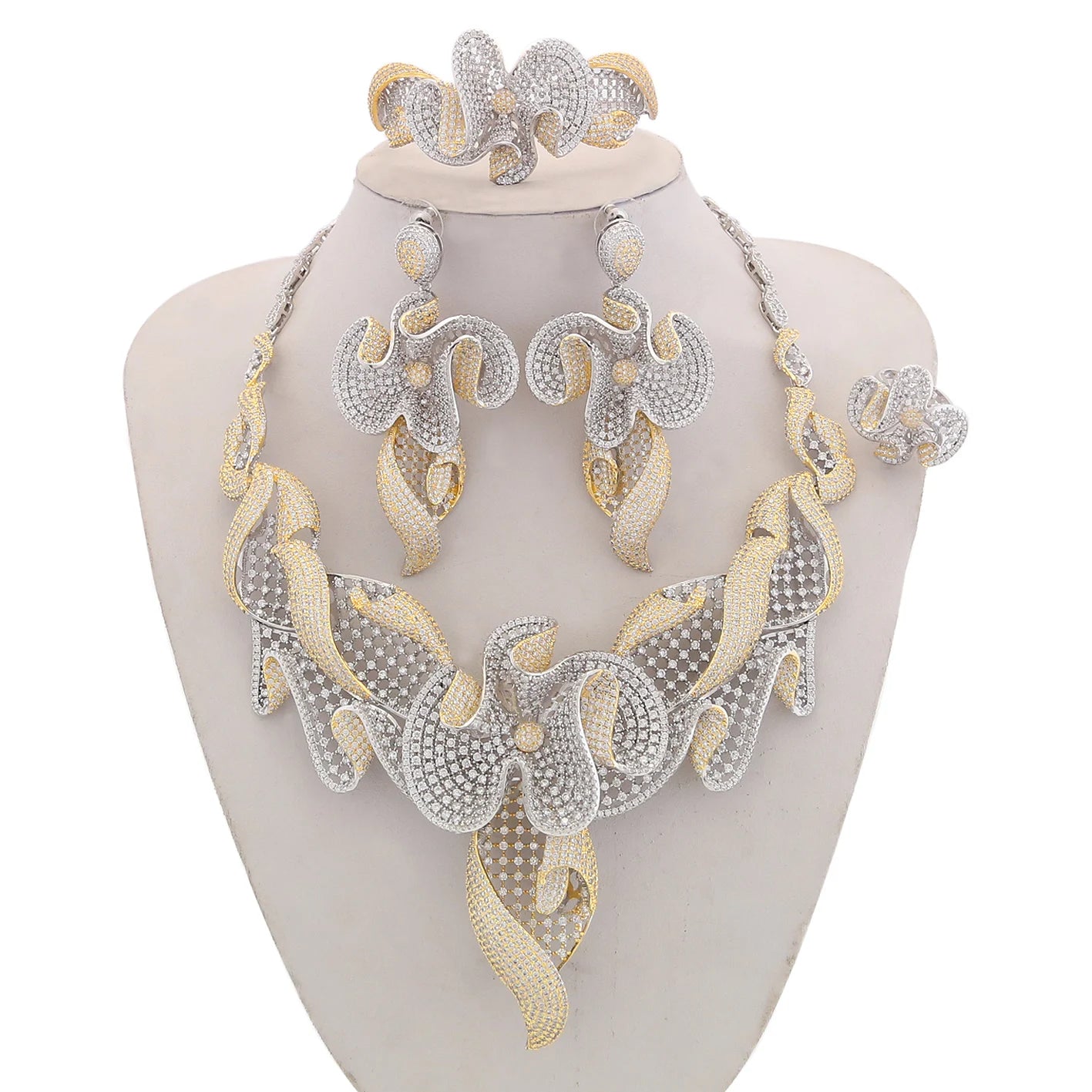 Zhuerrui 18K Gold Plated American Diamond Bridal Jewellery Sets Geometric Flower Statement Necklace Drop Earrings HZ18080401