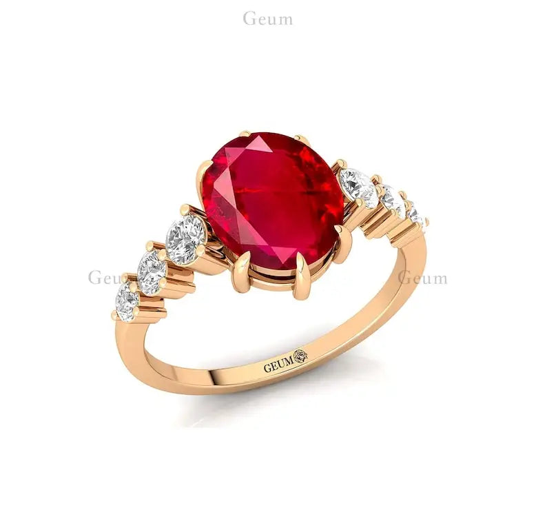 14K Gold Oval Cut Lab Grown Ruby & Side Diamond Solitaire Ring Classic Luxury Design Lab Made Ruby & Real Diamonds Wedding Ring