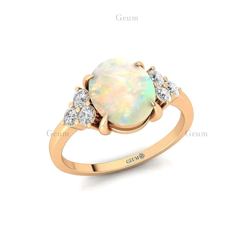 Handmade Customized 14K Pure Gold Natural Diamond Ethiopian Opal Gemstone Classic Wedding Luxury Bridal Rings