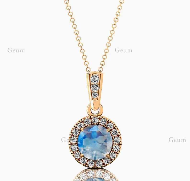 Beautiful Halo Solitaire Charm's Pendant Rainbow Moonstone Jewelry Rhodium Plated 14k Gold Necklace