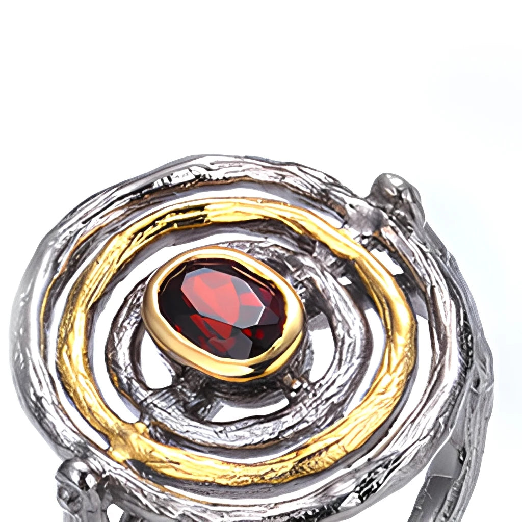 Garnet 925 Sterling Silver Ring Bark Grain Circle Design Red with Gold Plated Vintage Perfect Silver Ring