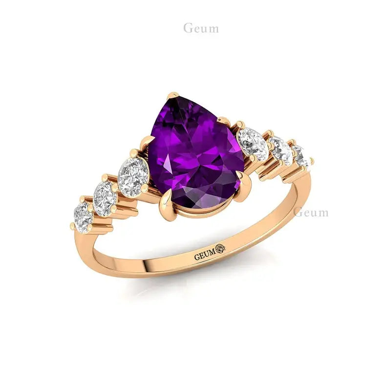 Natural February Birthstone Amethyst Gemstone Diamond Classic Wedding Anniversary Ring 14k 18k Solid Gold Bridal Jewelry Women's