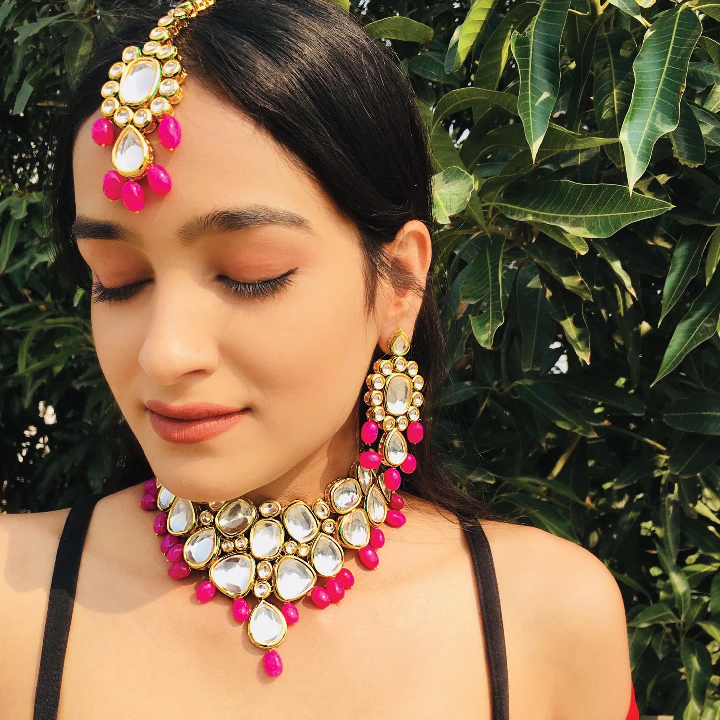 Traditional Gold Plated Indian Partywear Necklace Set with Maang Tika Bridal Kundan Brass Jewelry for Women for Weddings Gifts
