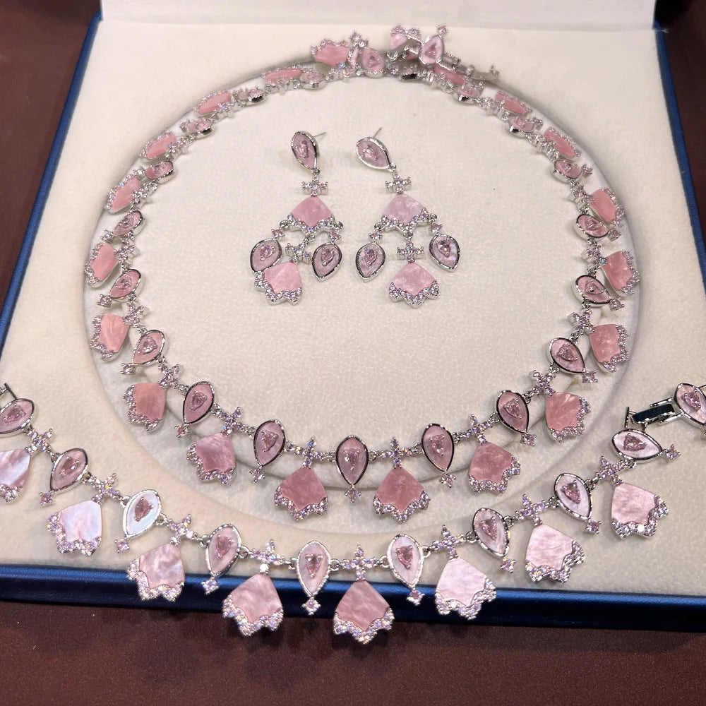 Luxury Brand Design Wedding Jewelry Set White Blue Pink Zirconia Full Paved Necklace Earring Bracelet Sets