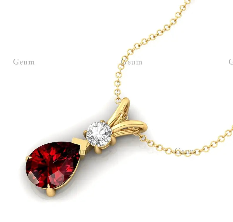 Diamond With Pear Shaped Red Garnet 14k Solid Gold Teardrop Pendant Prong Setting Halo Solitaire Pendants Necklace Fine Jewelry