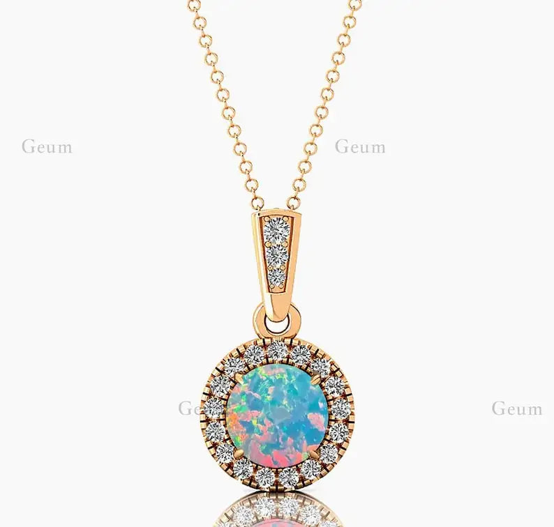 Brilliant Cut Ethiopian Opal Natural Luxurious 14k Rose Gold Rhodium Plated Cute Charm Pendant Necklace