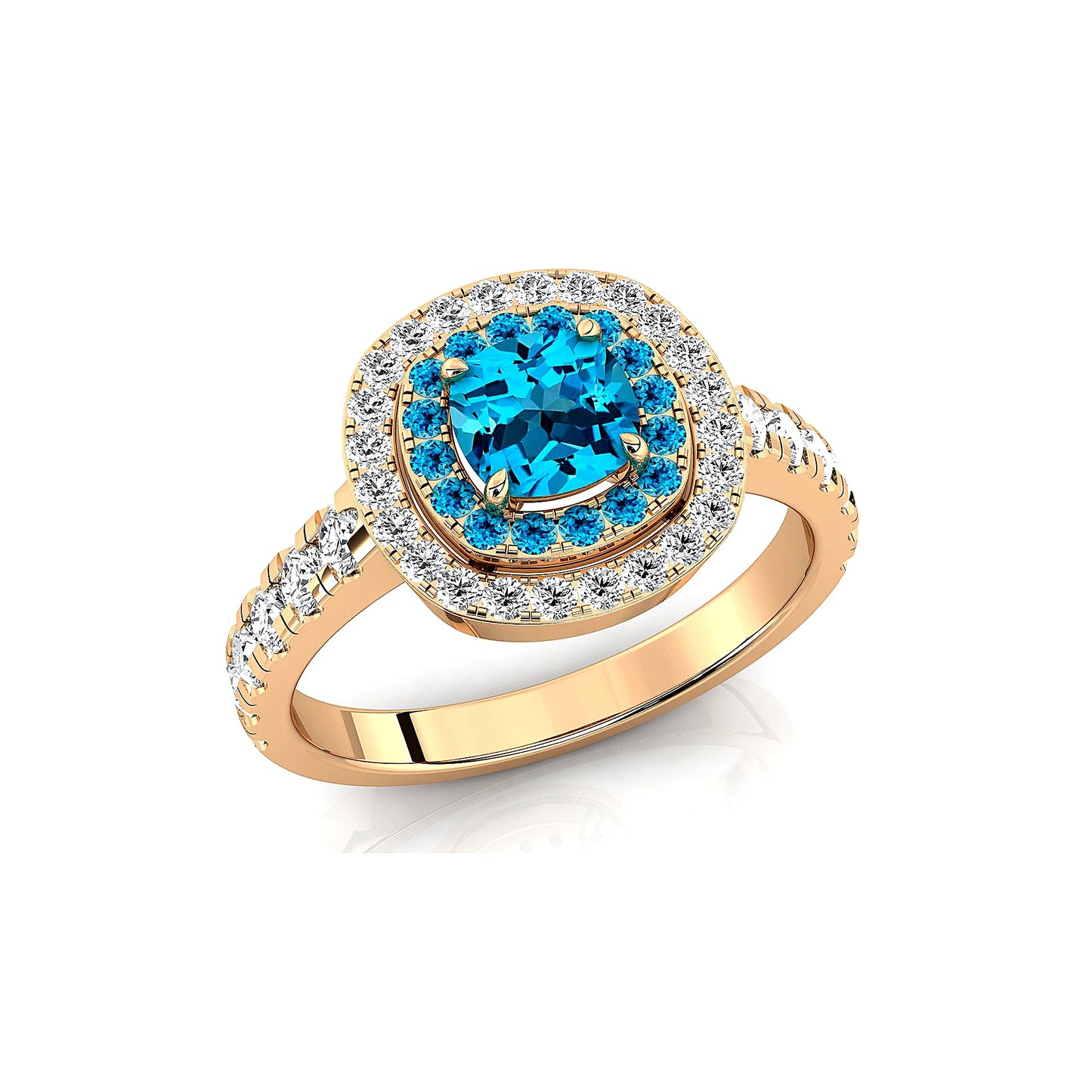 14k Solid Gold Rings Cushion Cut Natural Swiss Blue Topaz Gemstone Real Diamonds Rhodium Plated Classic Luxurious Halo Ring
