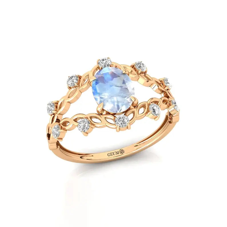 Natural Rainbow Moonstone Oval Faceted Cut Gemstone Wedding Ring 14k Pure Gold Adorned Natural Diamonds Luxurious Gift for Her