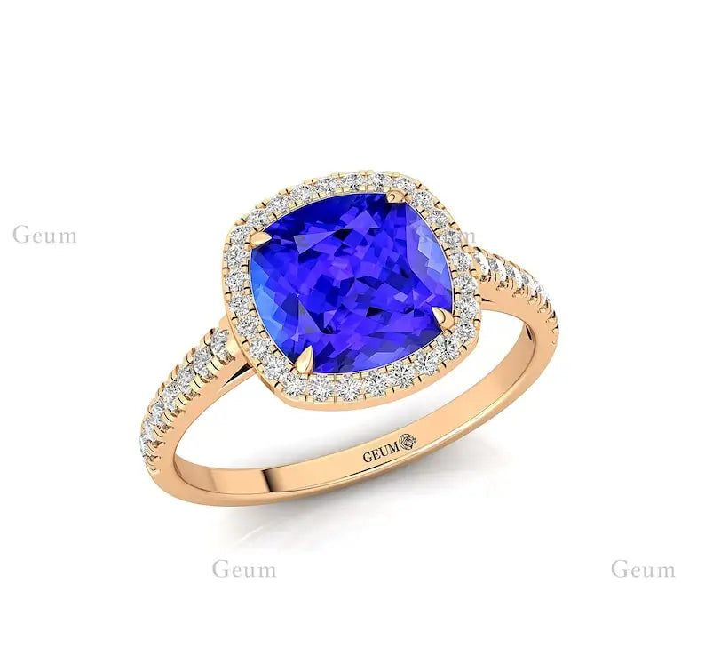 Solid Gold Classic Natural Tanzanite & Real Diamond Birthstone Anniversary Wedding Engagement Ring Gift for Mother Party