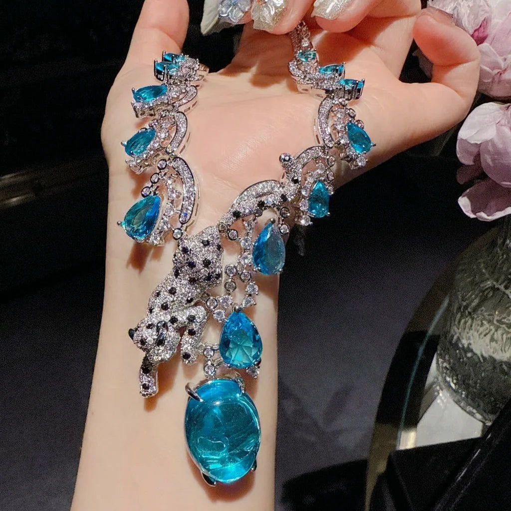 Famous Brand Leopard Design 4pcs Jewelry Sets Luxury Aqua Blue Zirconia Gorgeous Leopard Necklace 4Pcs Wedding Jewelry Sets