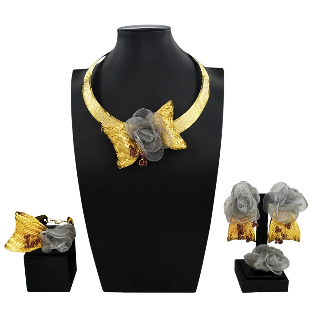 Zhuerrui Gold Plated Blue Grey Fabric Rose Flower Jewelry Set for Women African Dubai Wedding Bridal Choker 4Pcs Jewelry MY156