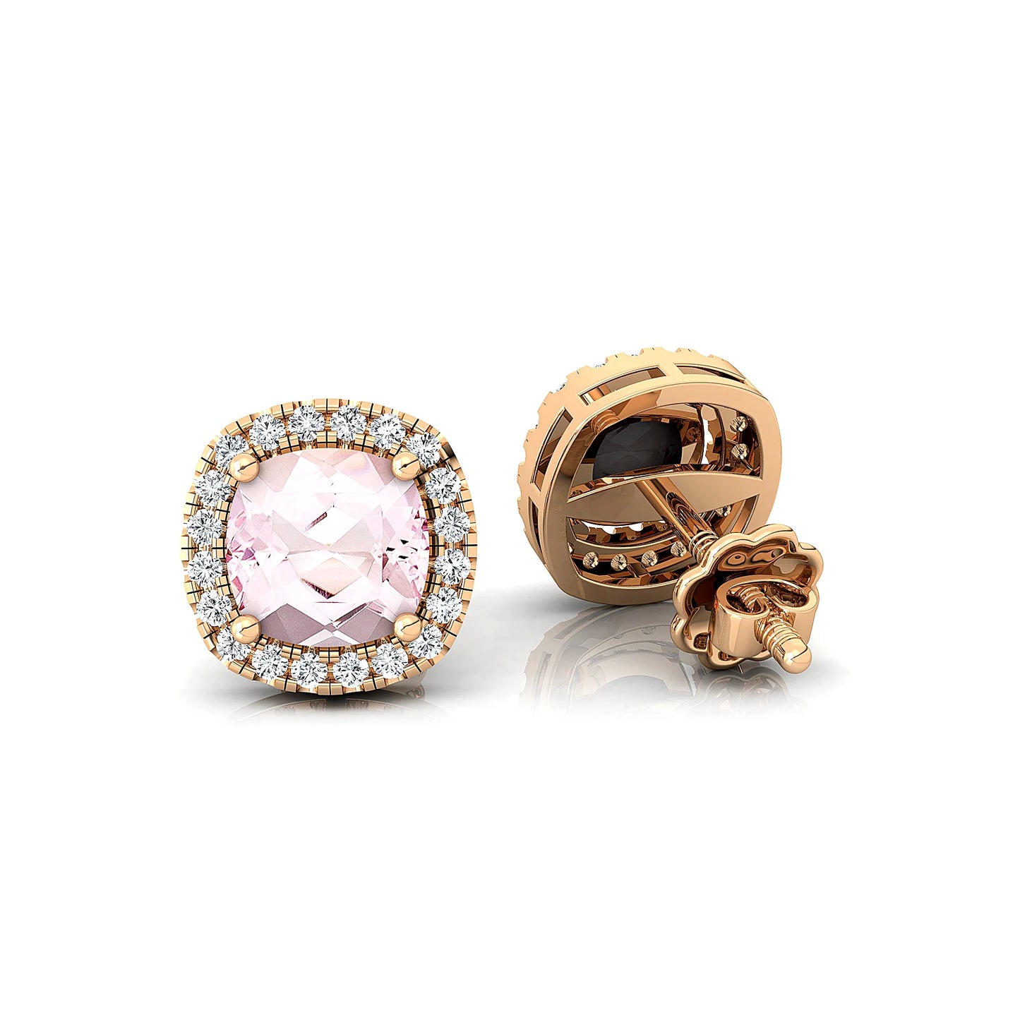 18k Solid Gold Halo Solitaire Earring Studs For Women Natural Morganite Gemstone With Real Certified Diamonds Earrings For Gift
