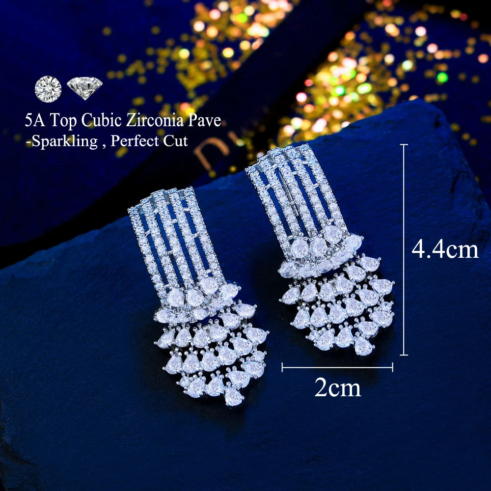 S&S CZ Floral Long Dangle Drop Earrings – AAA Pear Cut – Rhodium Plated – Collection