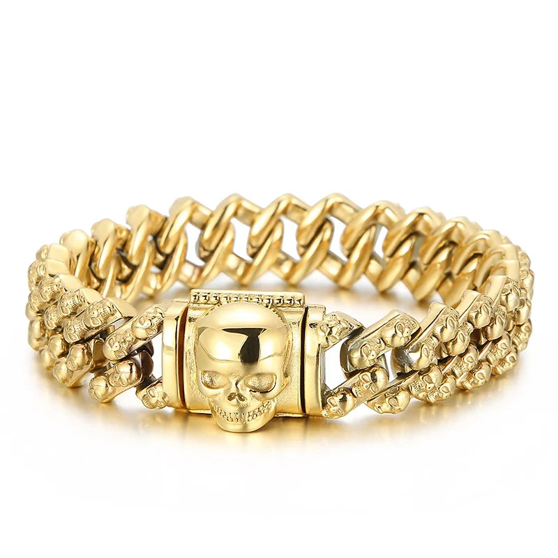 VIKING Mens Punk Skull Charm Link Bangle Bracelet – Silver, Black & Gold