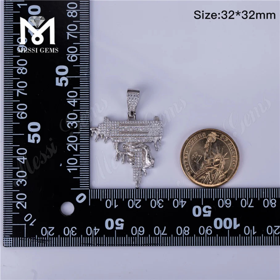 BiG-BOSS Messi Jewelry 925 Silver Jewelry Cz Stone Hip Hop Gun Pendant Necklace for Men