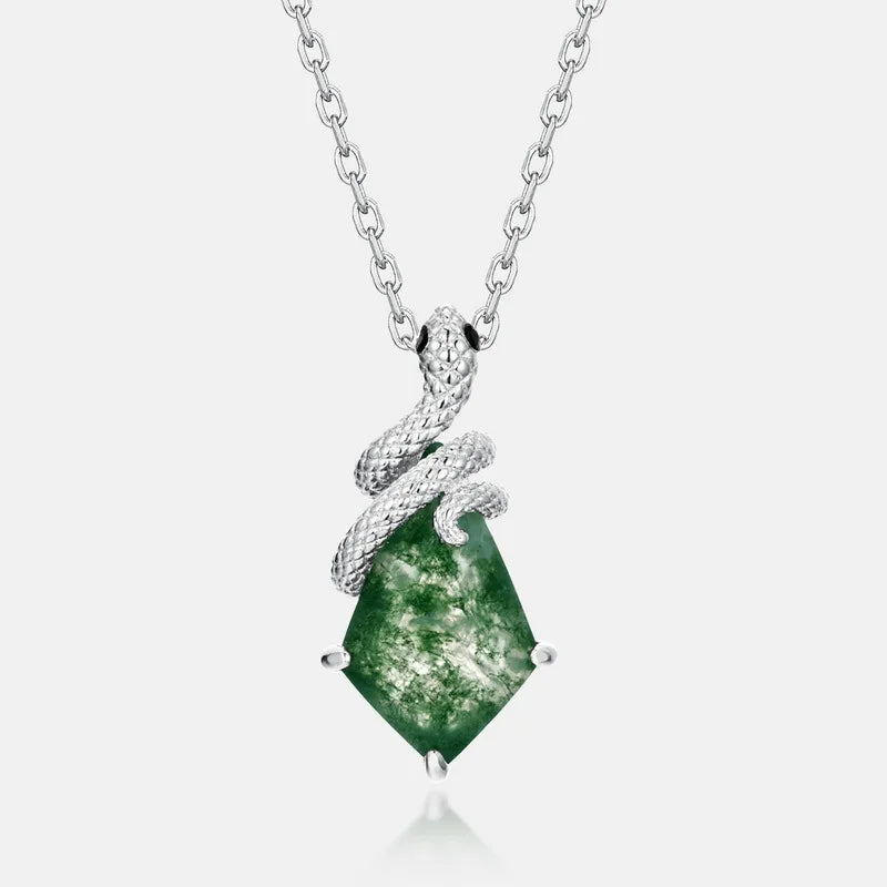 REDheart Exclusive Spirit Snake Natural Green Moss Stone Pendant S925 Silver Necklace Fashion Clavicle Necklace for Women