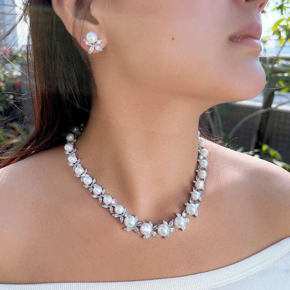Dazzling Cubic Zirconia Stone Necklace and Earrings Big Imitation Pearl Jewelry Set for Women Wedding Bridal Dress Accessories