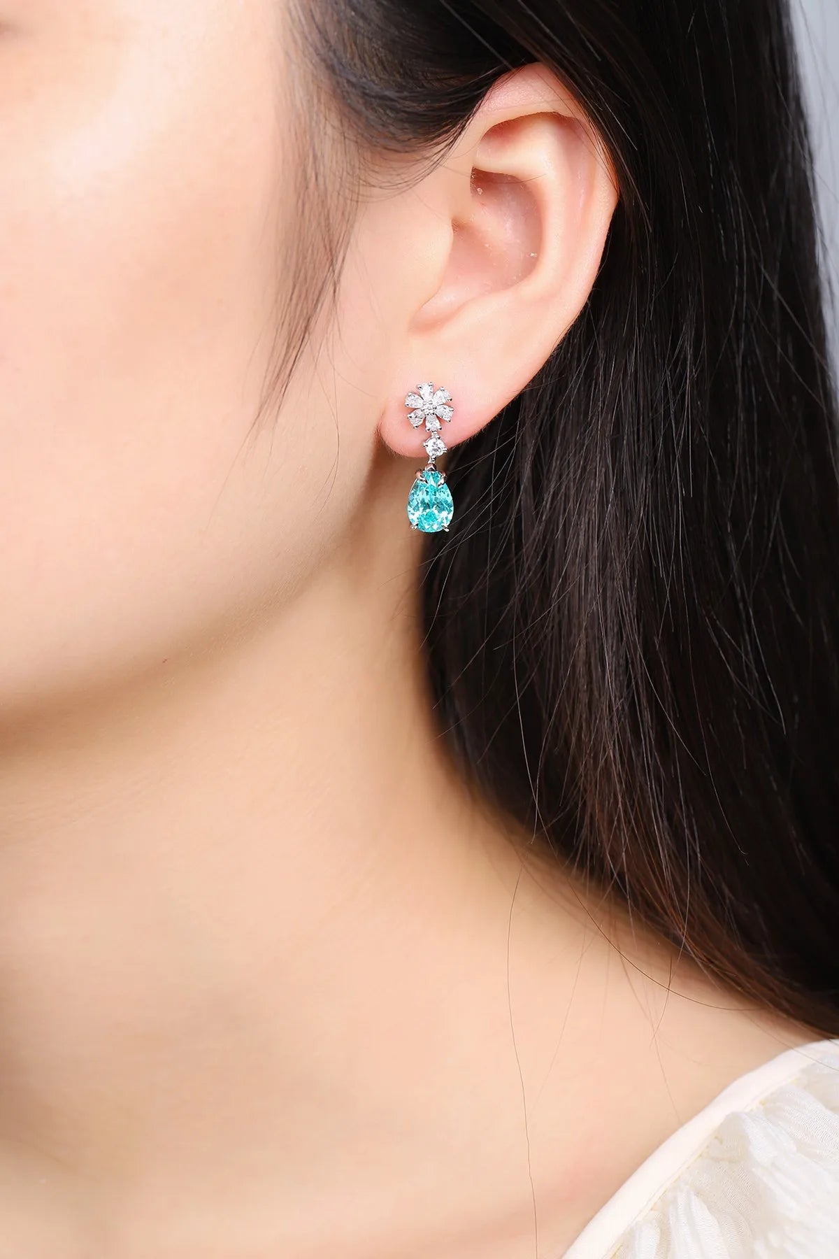 Gemfiori Anster Fine Jewelry Silver 925 White Simulated Zircon Pear Cutting 6 Ct Lab Grown Paraiba Stud Earrings for Gift