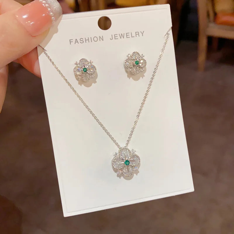 Top Quality Fashion Exquisite Flower Necklace and Earrings Set with Zircon Classic Real Gold Plated Jewelry Set for Women