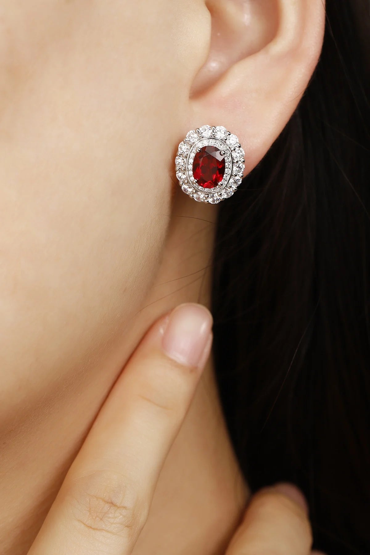Gemfiori Classic 925 Sterling Silver Rhodium Plated Lab Grown Ruby Earrings Gemstone Jewelry Halo Stud Earring for Women