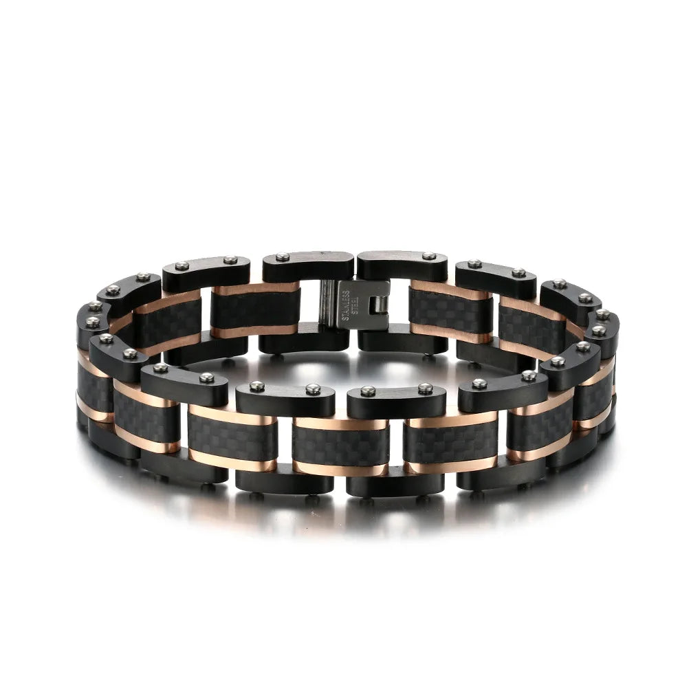 REBEL Men's Trendy Carbon Fiber & Stainless Steel Chain & Link Geometric Bracelet Black/Blue Zinc Plated Party Jewelry Model AS-SL-003