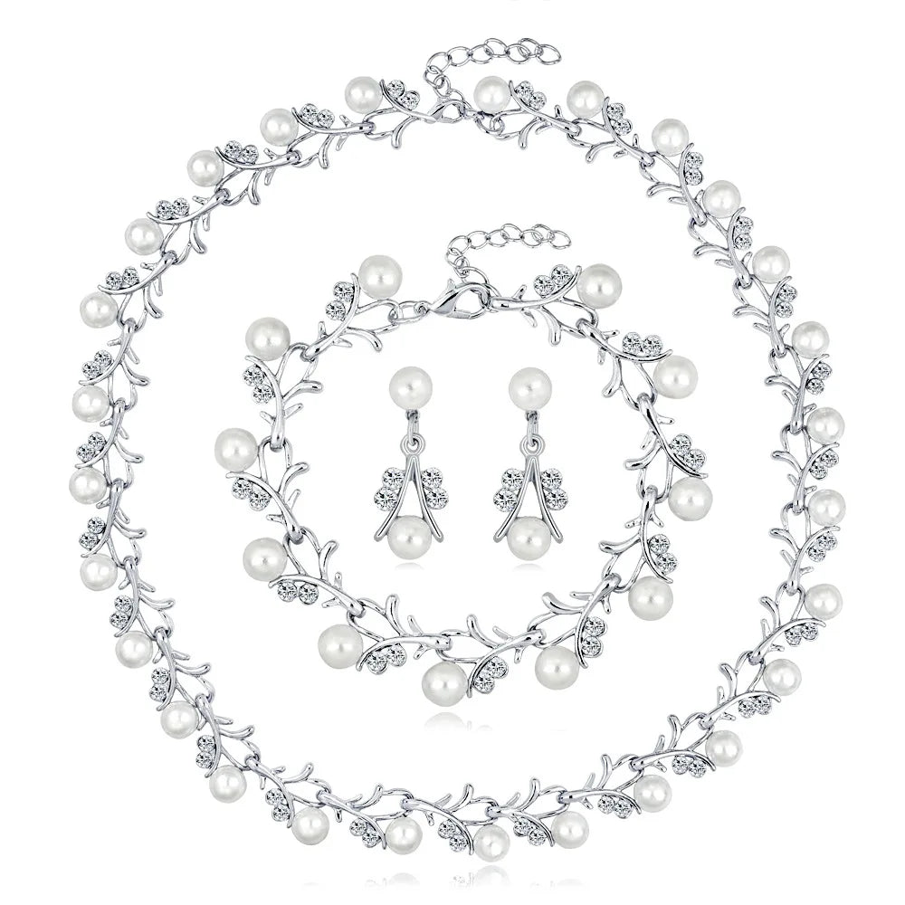 RFJEWEL Bridal Jewelry Necklace Earrings Bracelet Set Plated for Wedding Dress Gold with Pearl Stone Cheap Price Luxury Romantic