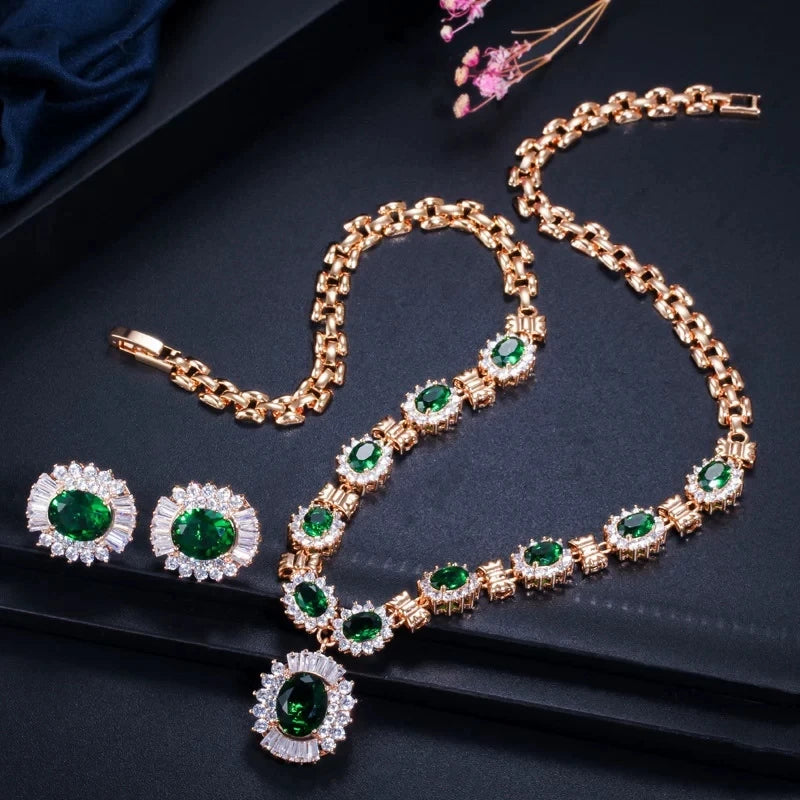 Luxury Oval Zirconia Halo Floral Pendant Necklace & Drop Earrings Bridal Set — Gold Plated
