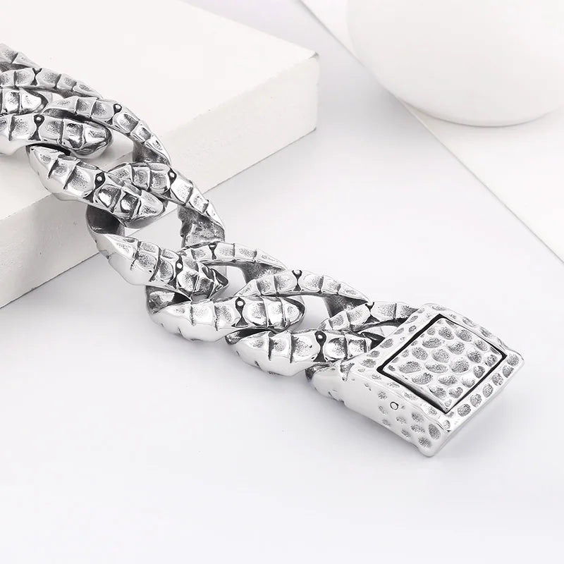 REBEL 235mm Men Punk Stainless Steel Snake Scales Pattern Cuban Link Bracelet