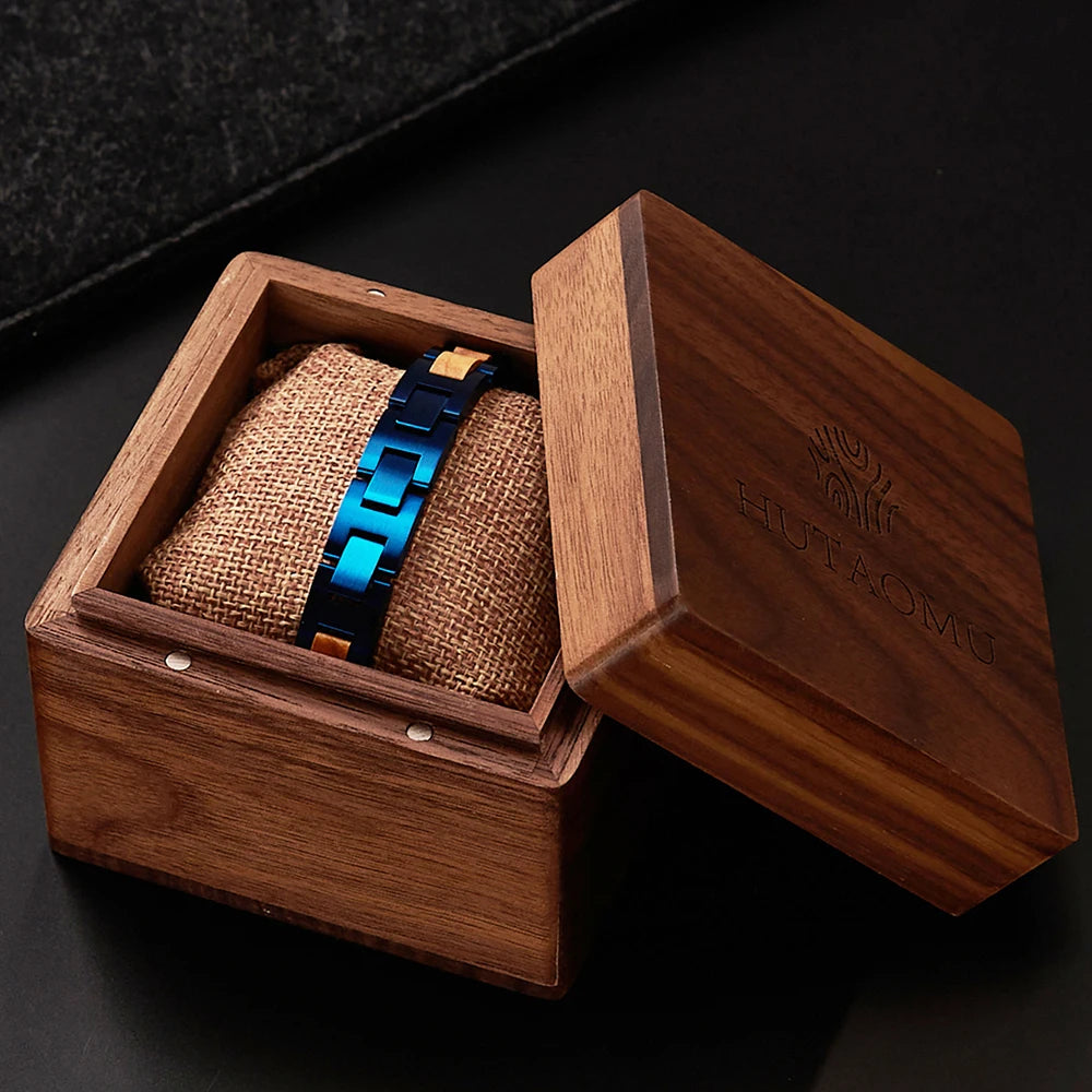 REBEL Handmade Unisex Natural Walnut Wood Luxury Trendy Gift Jewelry & Gold Stainless Steel Chain & Link Bracelet