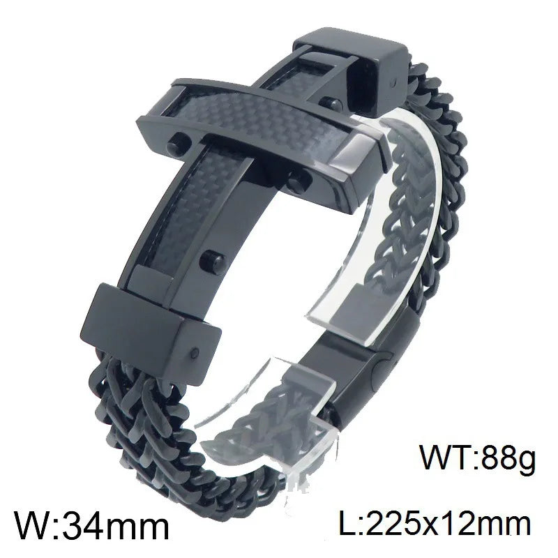Kalen Hip-hop Luxury Unique Carbon Fiber Cross Double-Sided Chain Bracelet Magnetic Clasp Stainless Steel Men's Bracelet