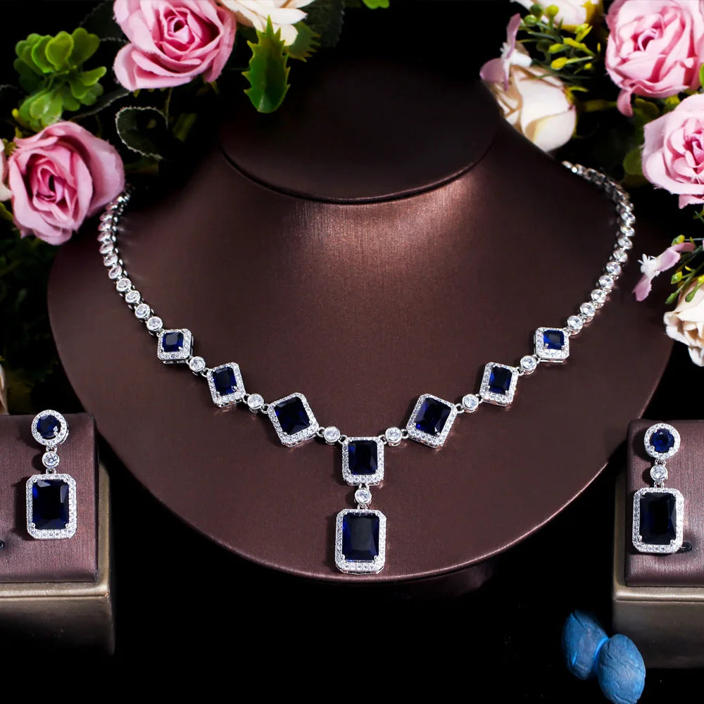 Bulk Luxury Purple Cubic Zircon Halo Setting Jewelry Set Copper Alloy Necklace and Drop Earrings for Women Wedding Party Gifts