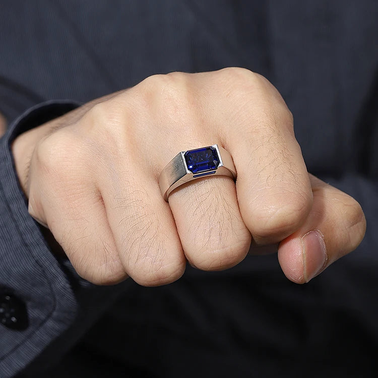 Gemfiori Classic 925 Sterling Silver Men's Ring Lab Created Sapphire Ring 3.51ct Emerald Cut Shape Main Stone for Gift Party Anniversary