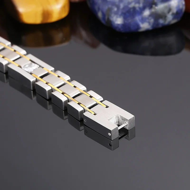 VIKING Mens Casual Watchband Link Bracelet with Zircon – Silver Stainless Steel