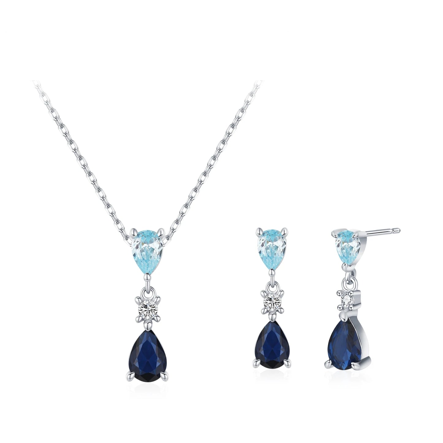 Ailmay 925 Sterling Silver Blue Series Droplet Shaped Zircon Pendant Necklace Earrings Set for Women Wedding Engagement Jewelry