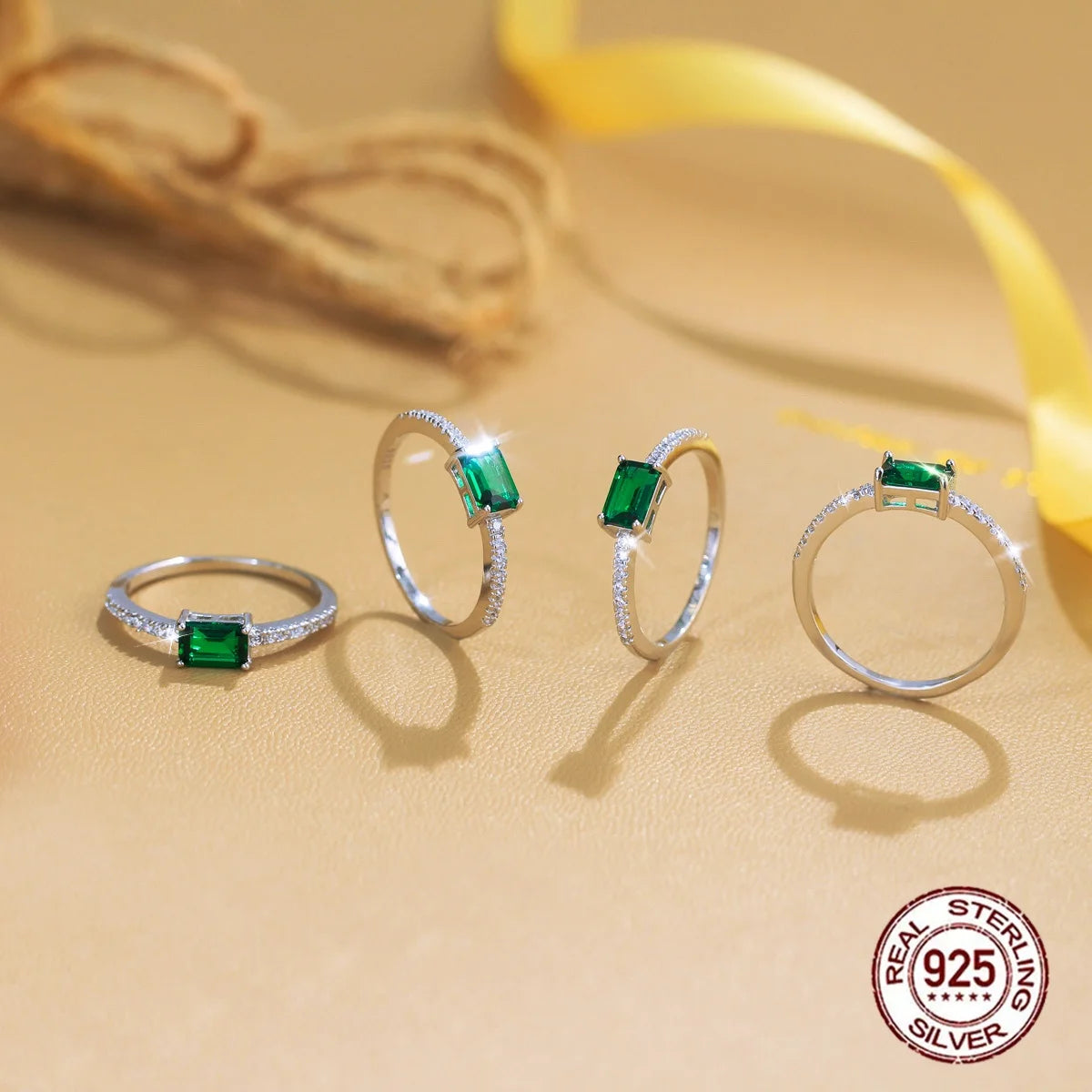 S&S 925 Sterling Silver Green Emerald-Cut CZ Solitaire Ring – Sizes 6–9 – Collection