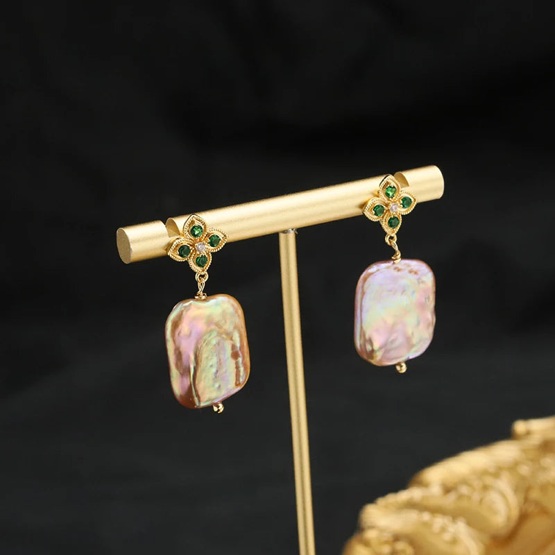 Emerald Flower Silver 925 Jewelry for Woman Geometric Purple Baroque Pearl Earring Korean Style Lady Birthday Eardrop