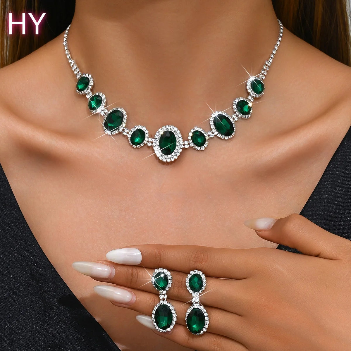 HY New Bright Fully-Jeweled Crystal Rhinestone Necklace Eardrops Set Bride Wedding Jewelry Simple Graceful All-Match Suit