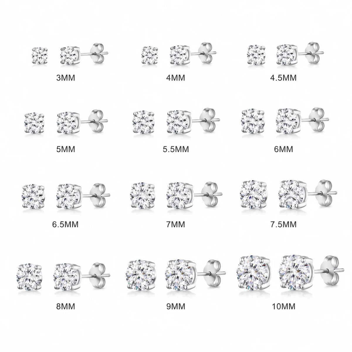 ArtistA 3mm-10mm Round Brilliant Cut Moissanite Stud Earrings 925 Sterling Silver Luxury Unisex Men Women Alice
