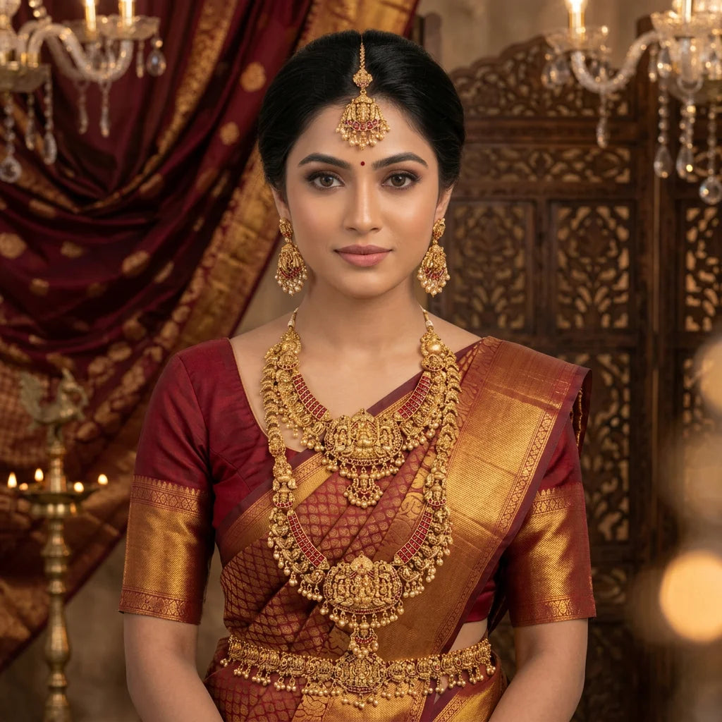 Premium Antique Temple Lakshmi Bridal Jewelry Set with Layered Necklace Traditional Wedding South Indian Gold Design