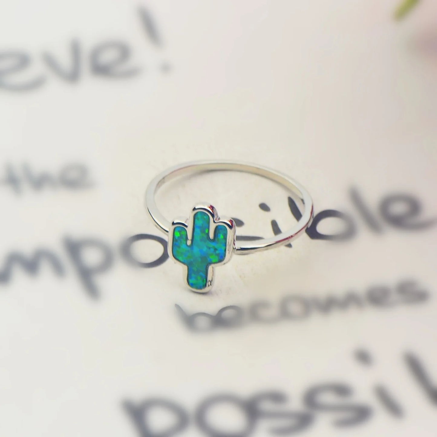 Cactus Ring | Iridescent Gem Inlay Band | Modern Silver/Gold Plated Women's Trendy Fashion Jewelry