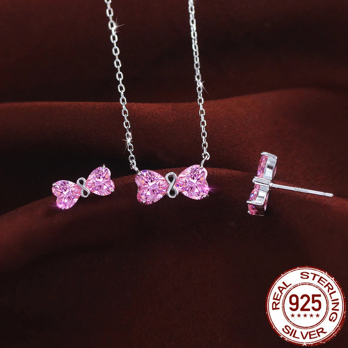 Beauty CZ Jewelry Set Pink Double Heart Zirconia Bow Pendant Necklace Earrings Jewelry Set for Women 925 Sterling Silver Jewelry