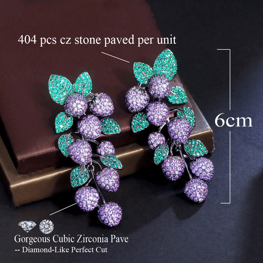 Luxury Full Diamond Heavy Bride Earrings Pave Cubic Zircon Crystal Green Leaf Purple Grape Cluster Dangle Long Earrings Women