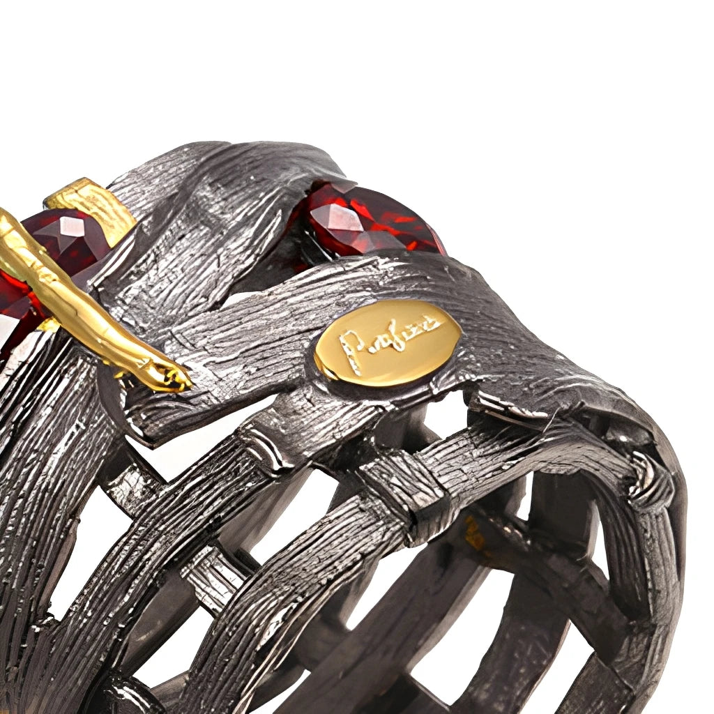 Handmade Garnet Stone Lone Finger 925 Sterling Silver Ring with Black Gold Plated