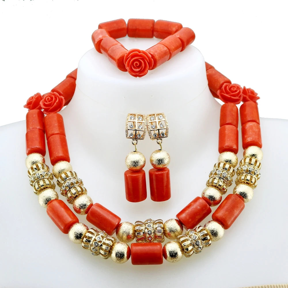 Zhuerrui Luxury Red Rose Carved Beaded Jewelry Set Gold Plated Rose Design for African Wedding and Party Wear YL234