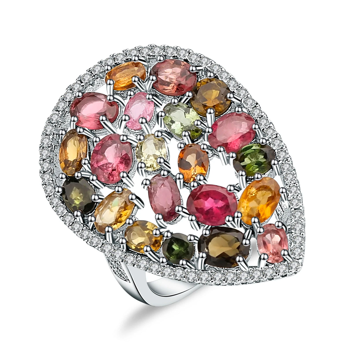 ArtistA Abiding Custom Multi-Gemstone Sterling Silver Jewelry Set Oval Cut Natural Tourmaline Water Drop Earrings Pendant Ring