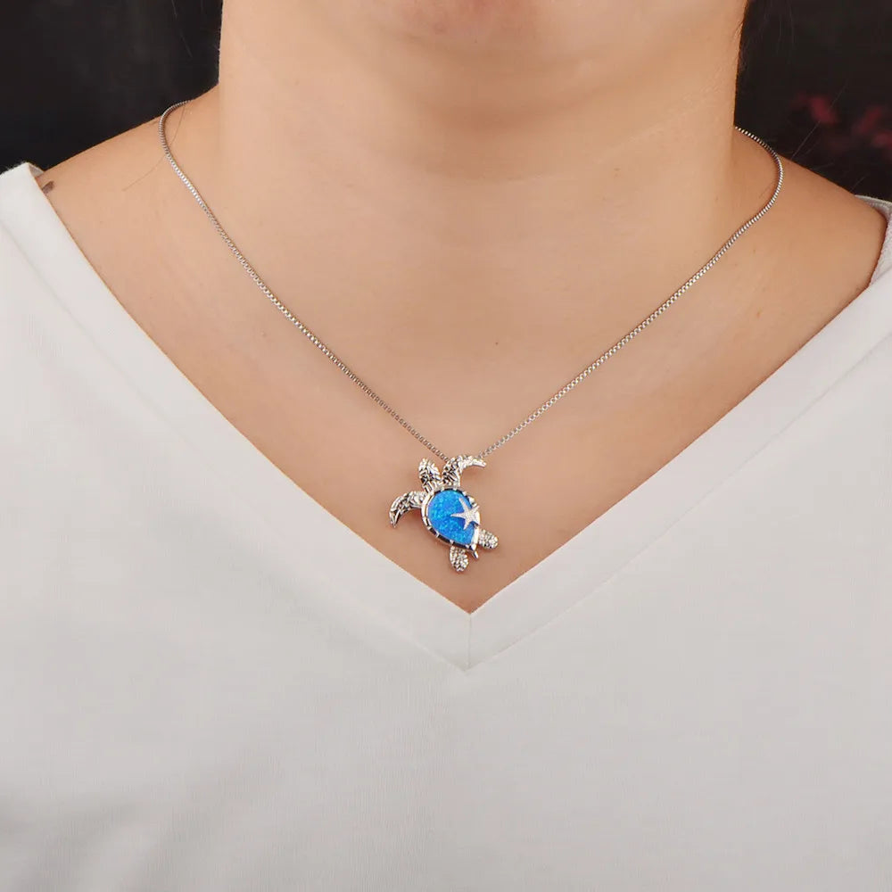 Ocean Theme Turtle Necklace Aobao Opal Inlaid Starfish Detail Fashion Jewelry