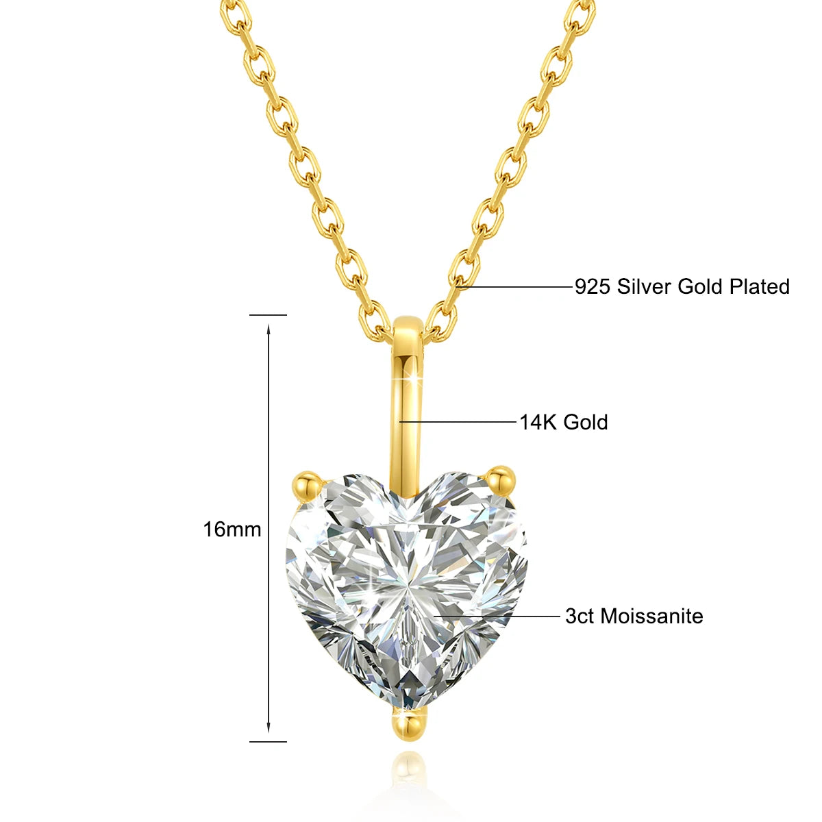 Gioiellieri Luxury Simple Pendant Necklace Woman Engagement Gift Vacuum Heart 14K Gold 3 Prongs 1ct 2ct 3ct Heart Cut Moissanite Pendant