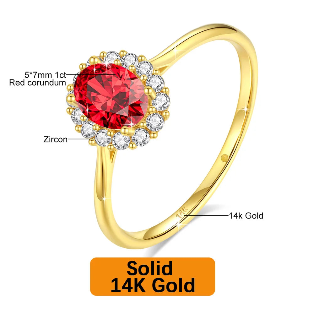 REDheart Fine Jewelry Corundum Sapphire Ruby Emerald Zircon Oval Gemstone Woman Engagement Wedding Halo Oro De 14 k Gold Hollow Rings
