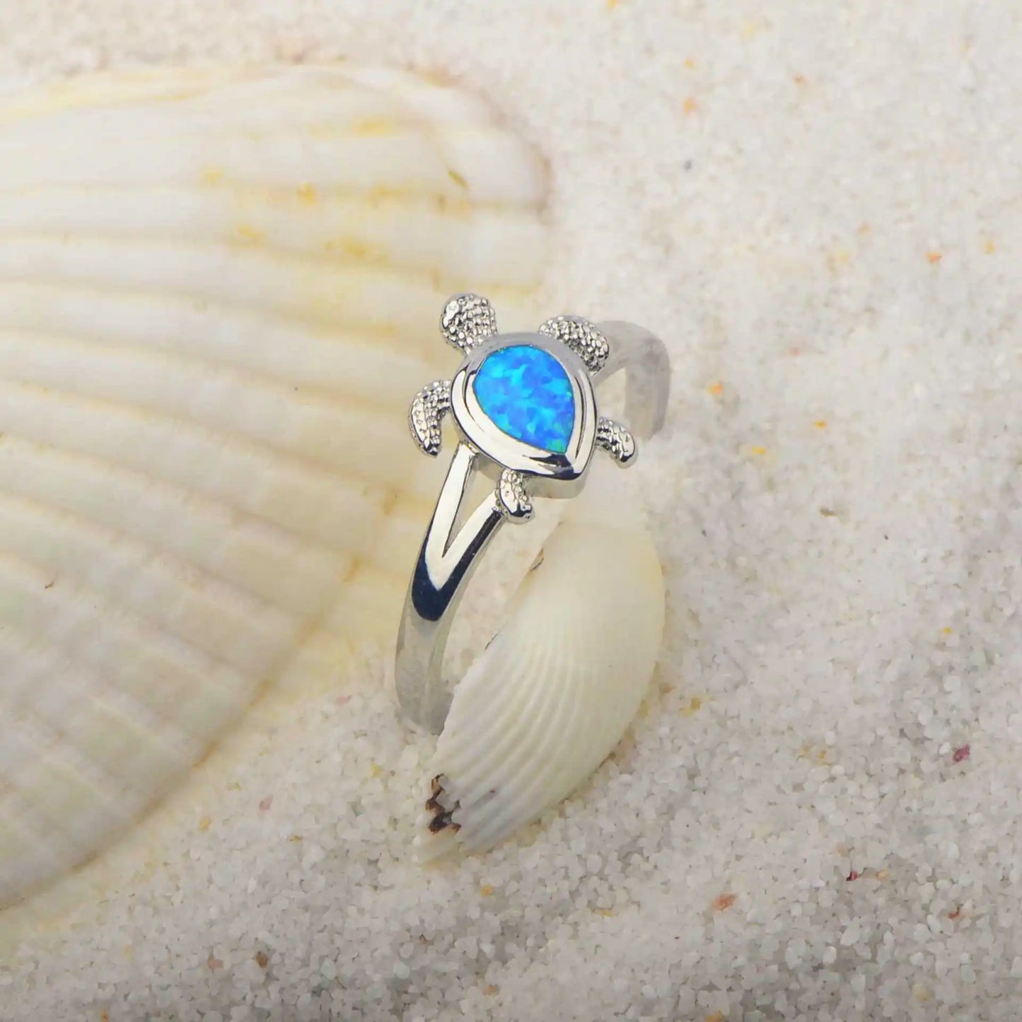 Modern Christian New Trendy Hawaiian Ocean Turtle Lab Created Opal Inlay Silver Plated Ring Sparkling Gem Jewelry Brass Material